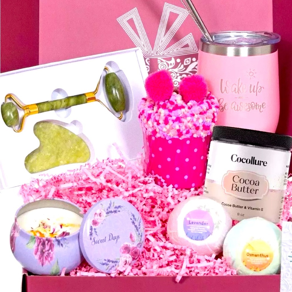 Bath and Body set for woman. Care package. Body cream, bath bombs face roller